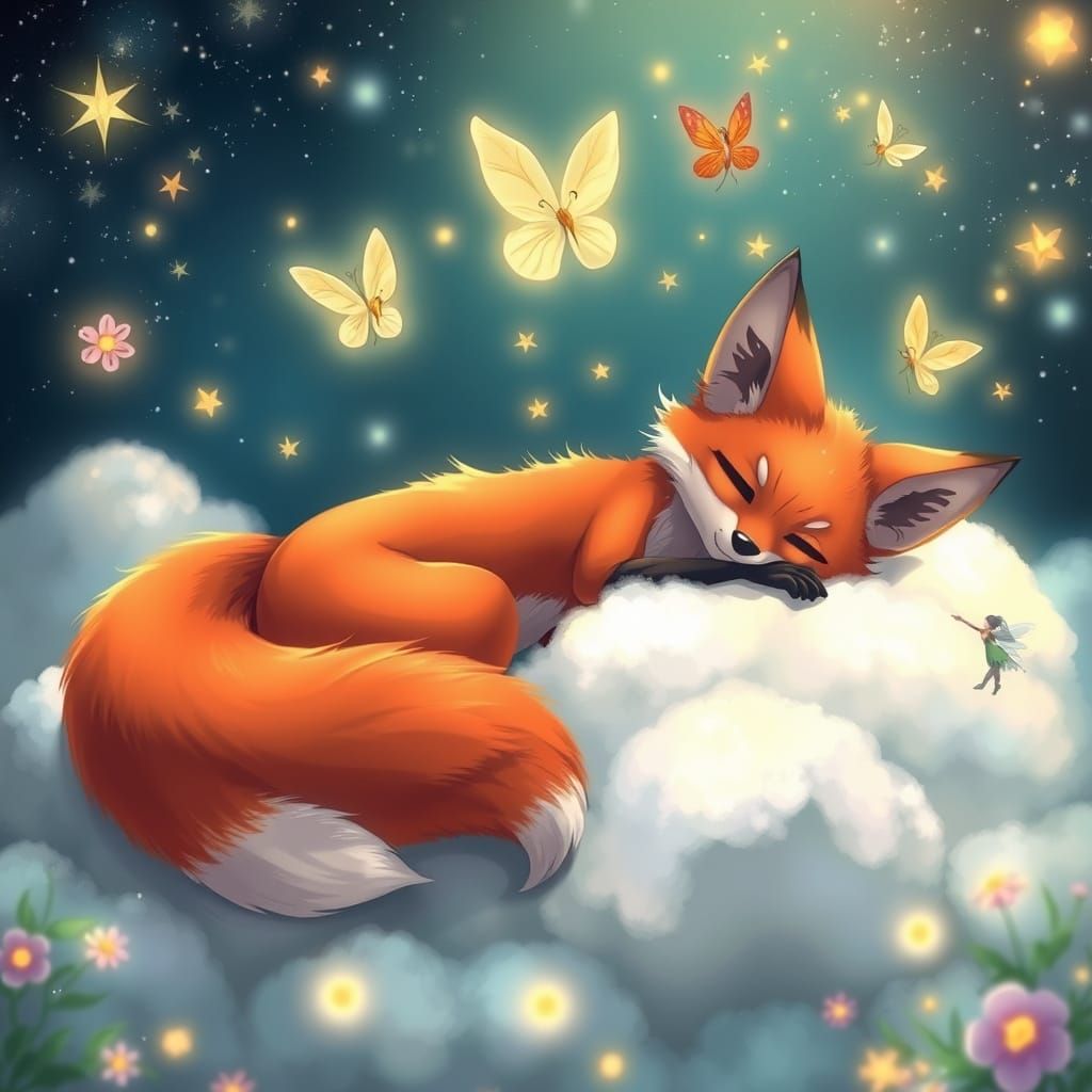 Red Fox Lounging on Cloud in Anime Style