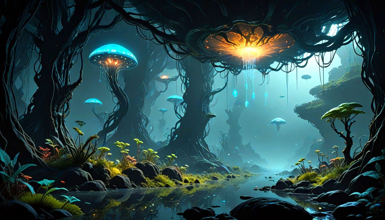 Bioluminescent World with Chemical Morphogenesis Shapes