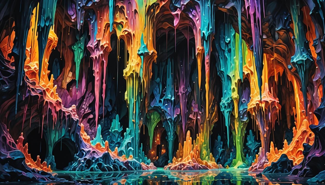 Abstract Surrealism: Dripping Paint Cave in Iridescent Water...