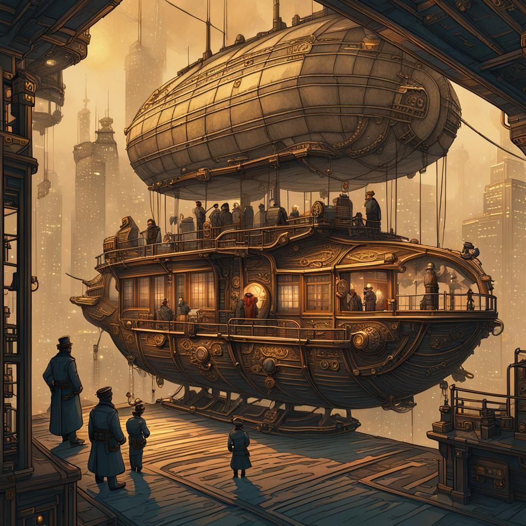 Steampunk Airship Docks in Fog, Ukiyo-e Style