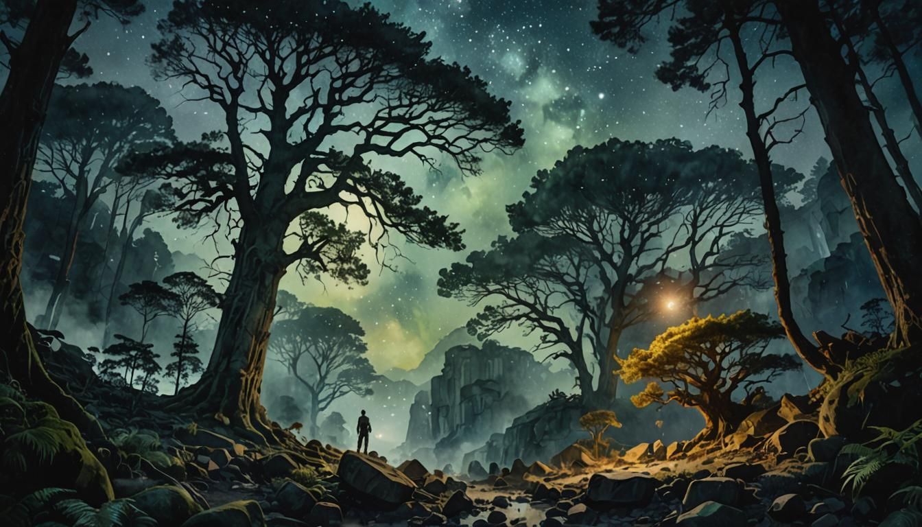 Mystical Fantasy Forest Under Starry Sky in Double Exposure