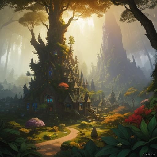Elven Village in Glowing Forest: Fantasy Concept Art
