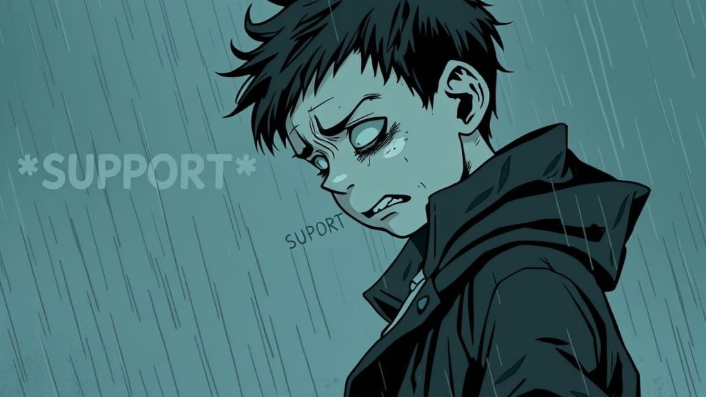 Sobbing Boy in Rain, Graphic Novel Style