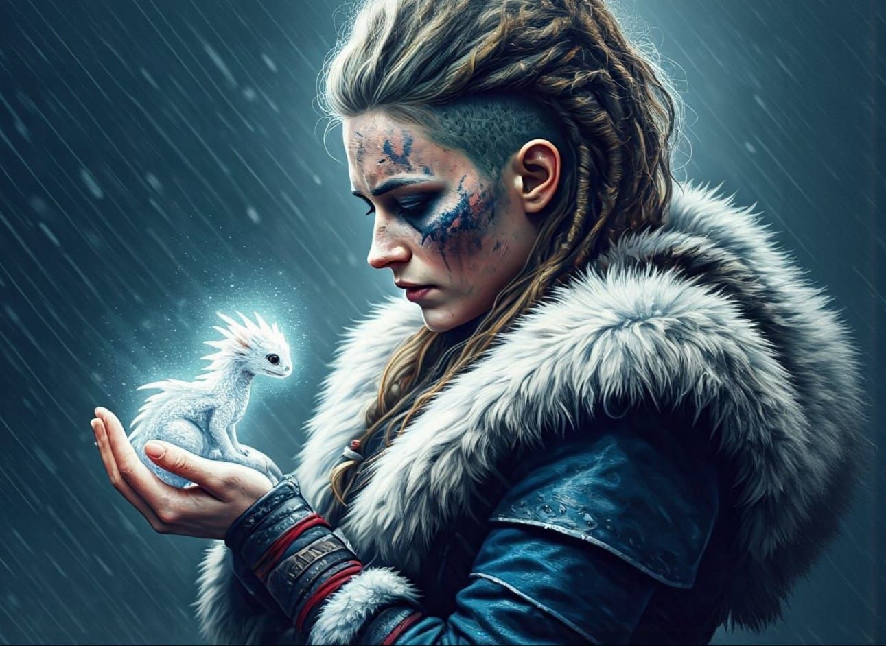 Viking Woman and Tiny Dragon in Snowstorm