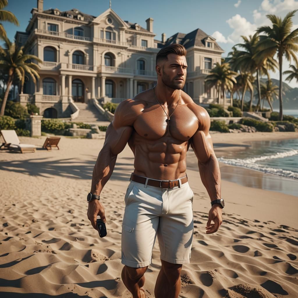 Successful Man on Beach in 3D Game Cinematic Style