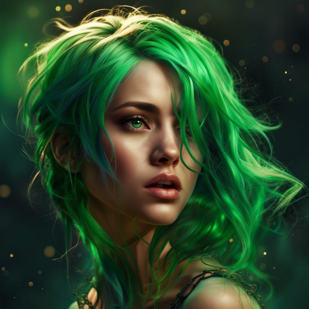 Hyperrealistic Portrait with Green Hair in Splash Art