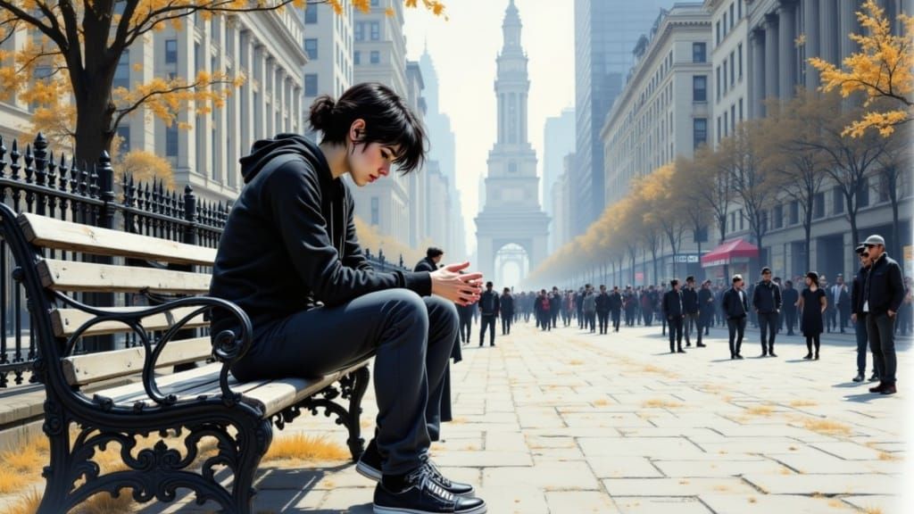 Urban Reflection in a Bustling City Square