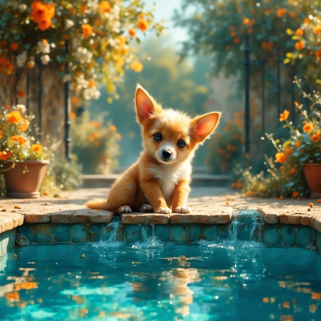 Whimsical Puppy Basks in Poolside Serenity