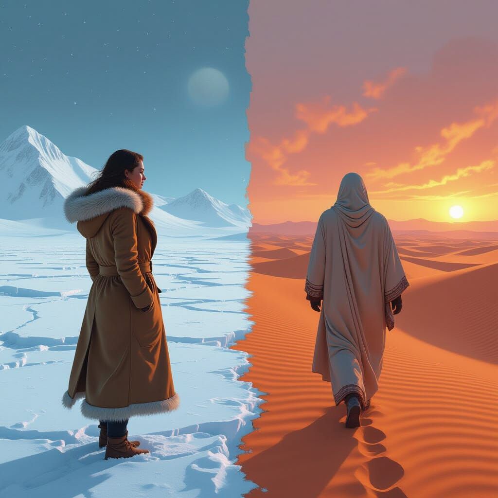 Dual Worlds: Frozen Tundra Meets Desert Dunes