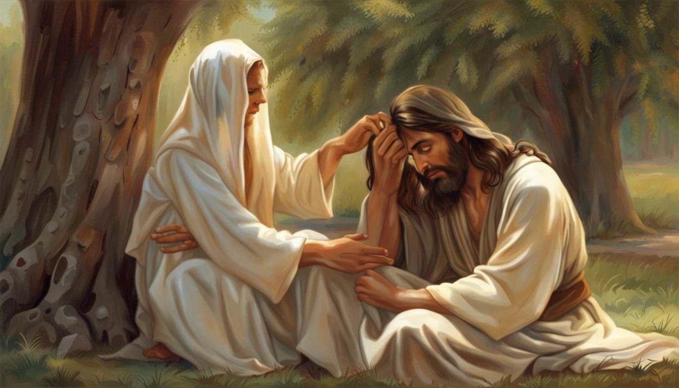 Jesus Comforting Girl Under Tree: Wet Brush Style