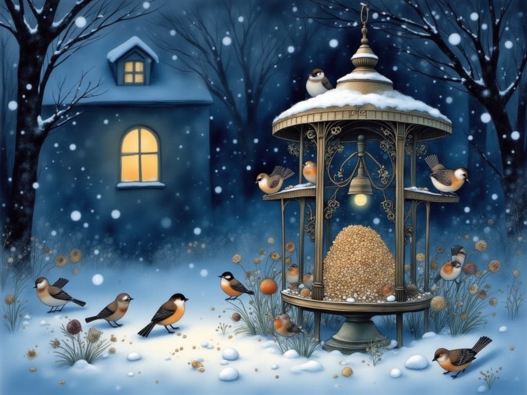 Winter Birds Foraging in Snowy Antique Feeder
