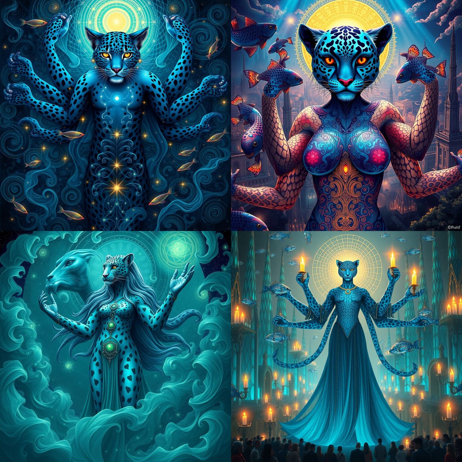 Surreal Six-Armed Leopard Woman in Bioluminescent Dreamscape