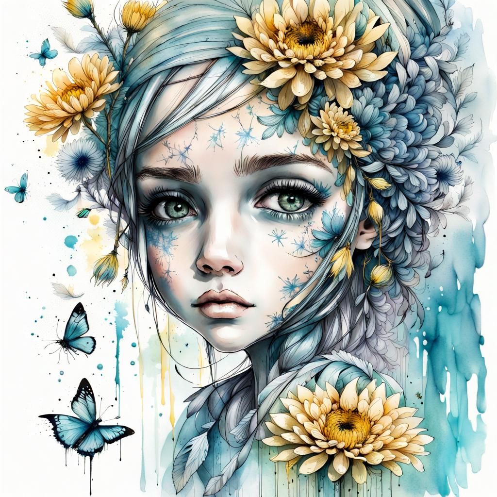 Babydoll with big eyes chibi in a beautiful baby doll blue dress mountains Blue and yellow chinoiserie birds in the sky ...