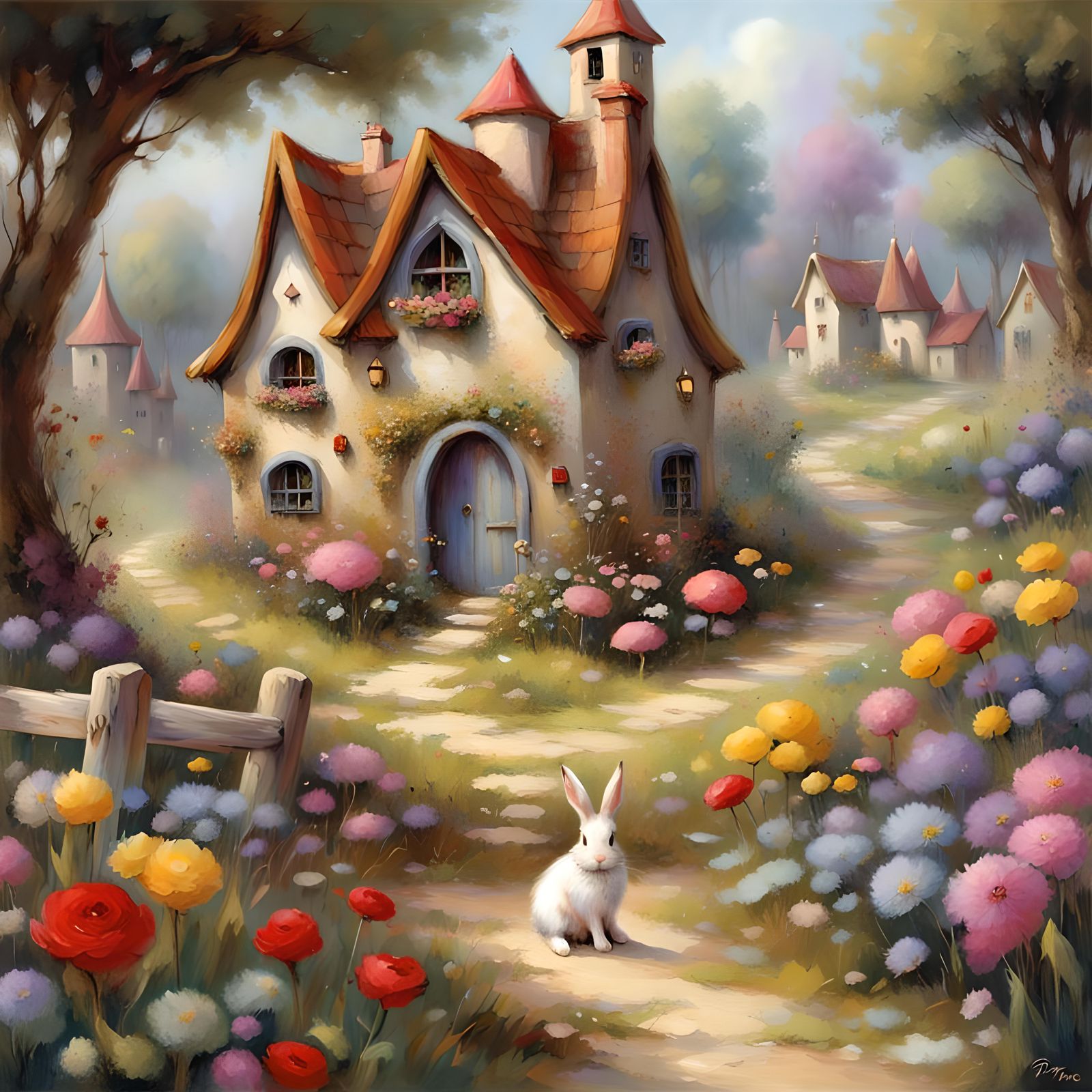 Beautiful detailed whimsical fairy village, bunny,  path, fl...