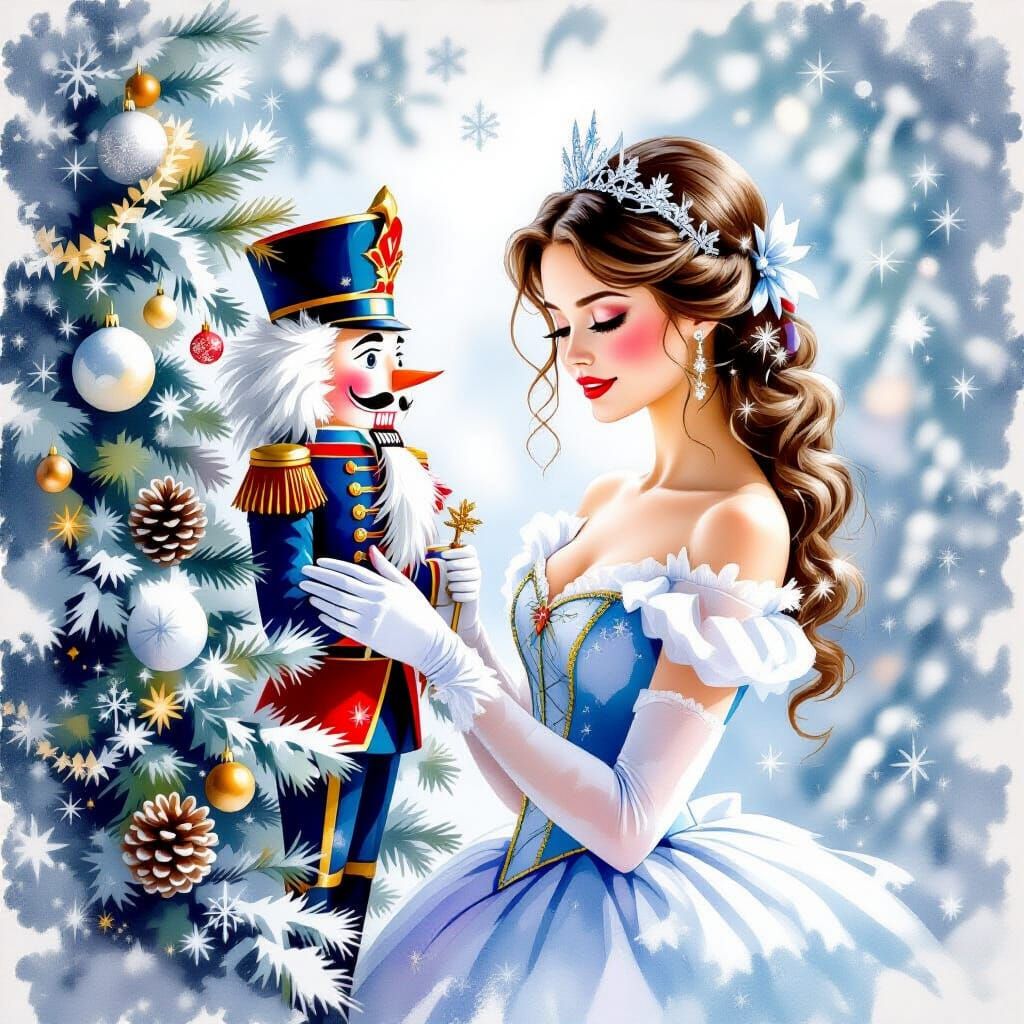 Enchanting Watercolor Scene of Marie Holding the Nutcracker