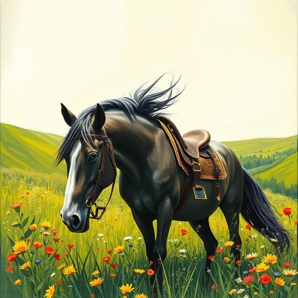 Elegant Horse Grazing in a Vibrant Meadow in Thick Brush Str...