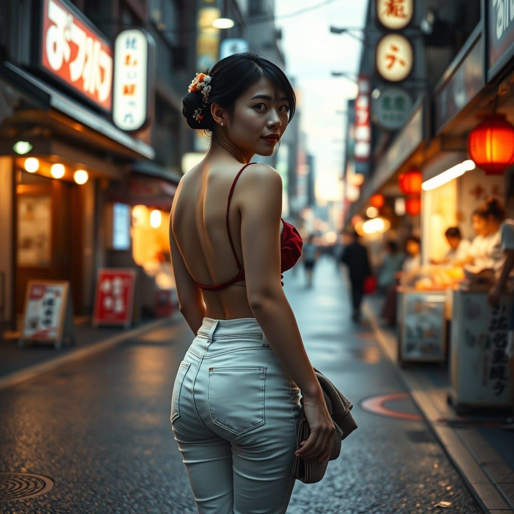 Geisha in Tokyo Street at Dusk: Rear View