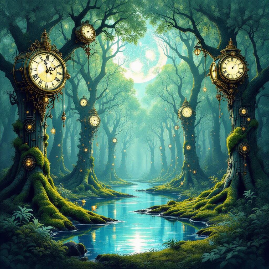 Ethereal Clockwork Forest with Mechanical Sprites