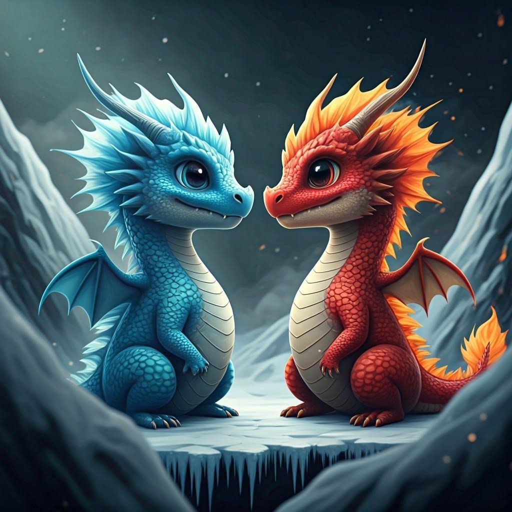 Chibi Dragons Clash in a Frozen Landscape