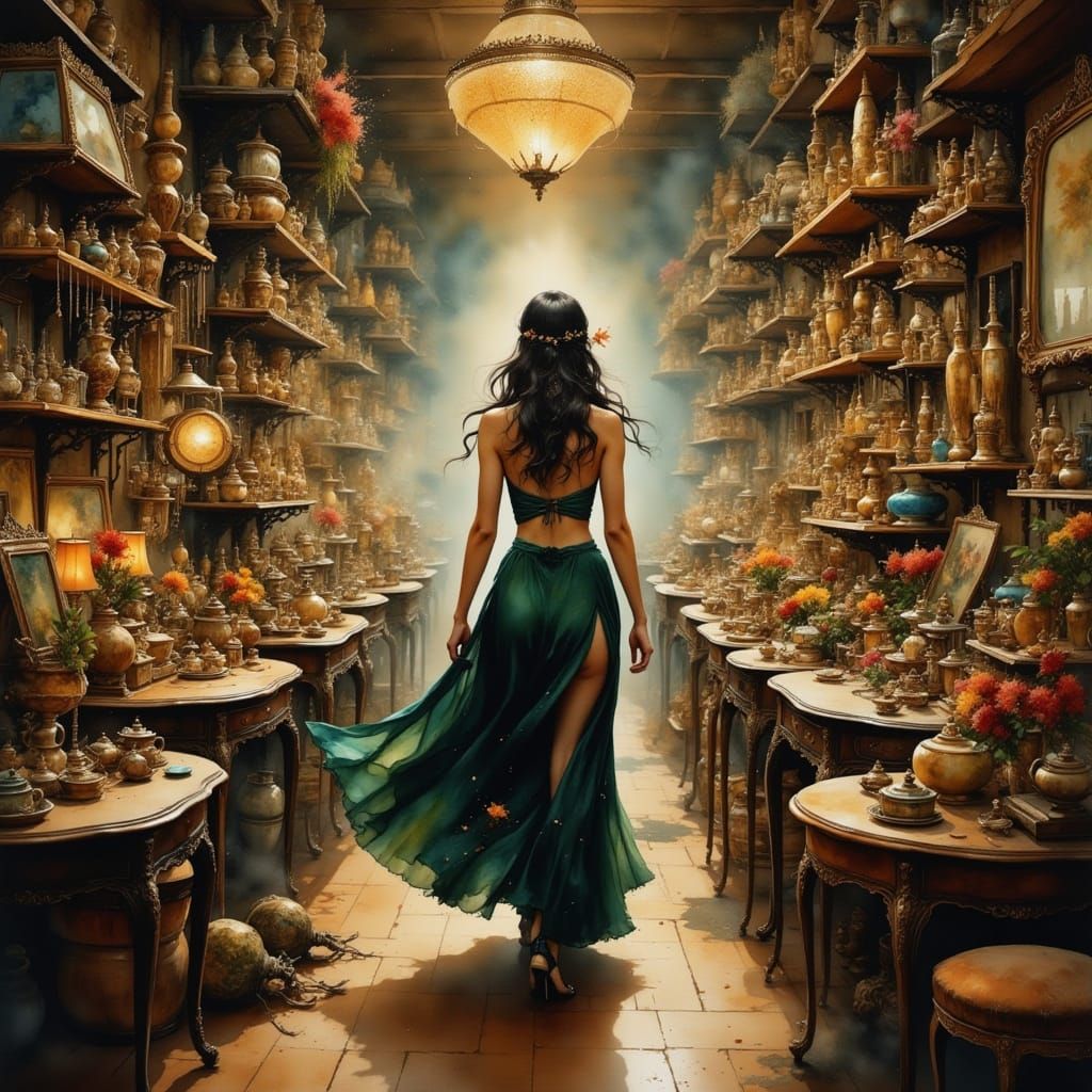Elegant Woman in Antique Store, Art Nouveau Style