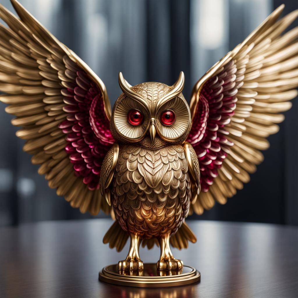 Golden Owl Sculpture with Ruby Eyes