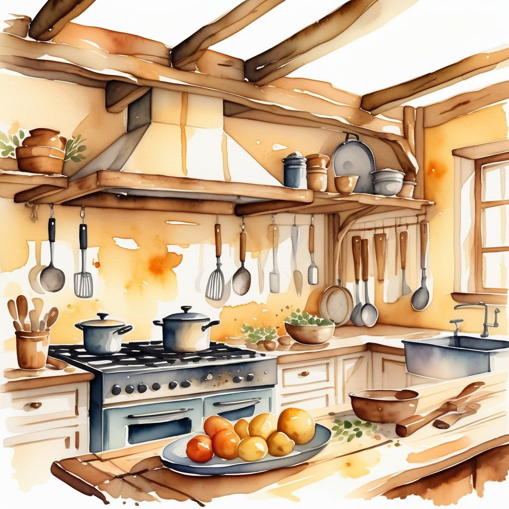 Cozy Farmhouse Kitchen in Watercolor Style
