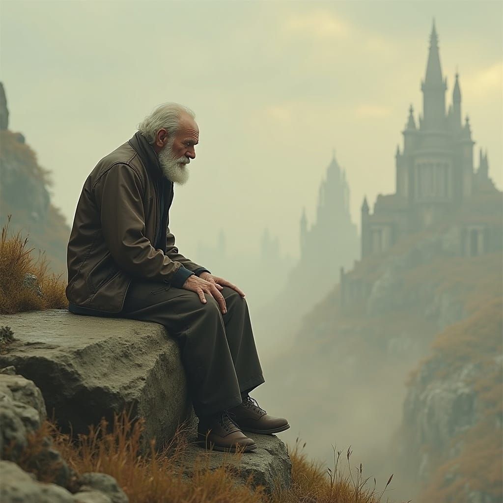 End of World: Sad Old Man in Cinematic Style