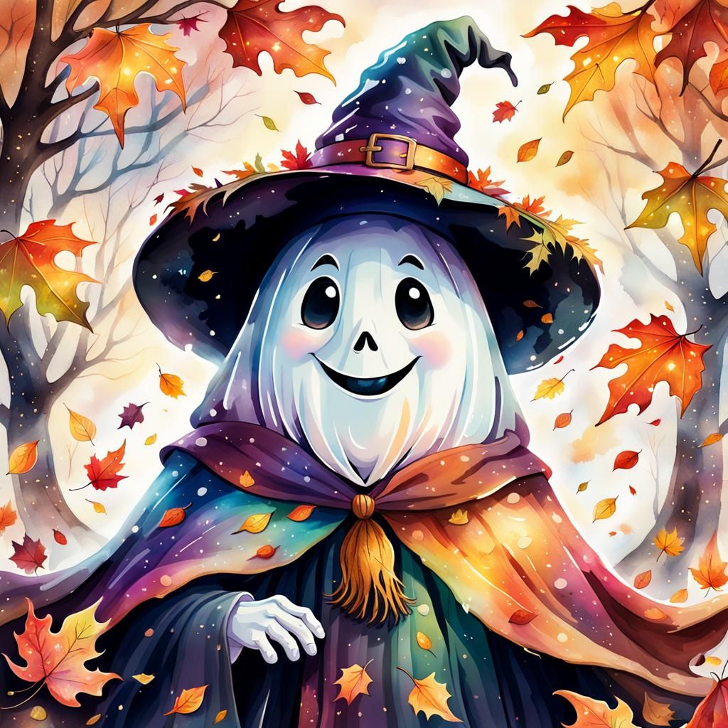 Friendly Ghost in Autumn Leaves, Watercolor Illustration