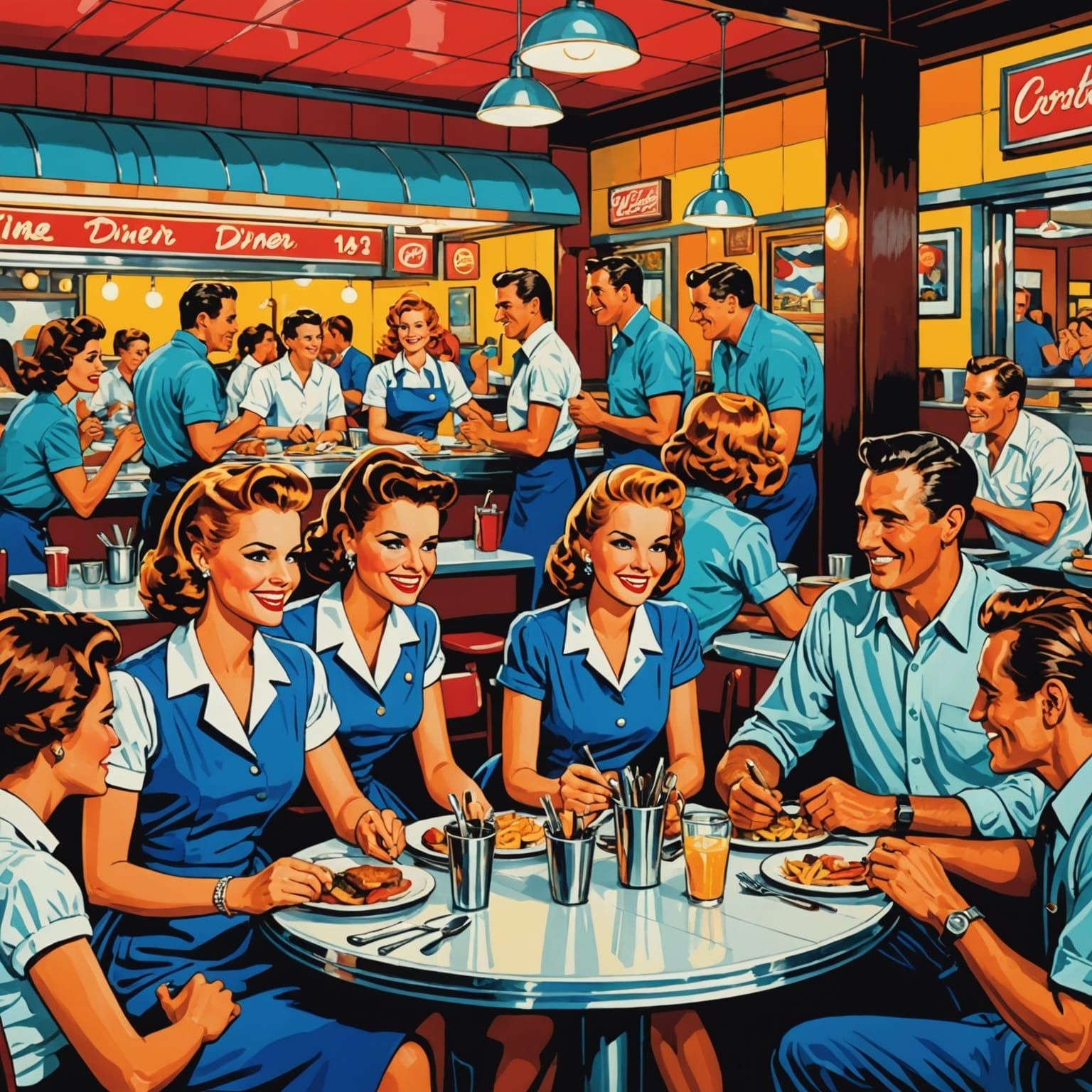 Nostalgic 1950s Diner Scene with Busy Waitstaff