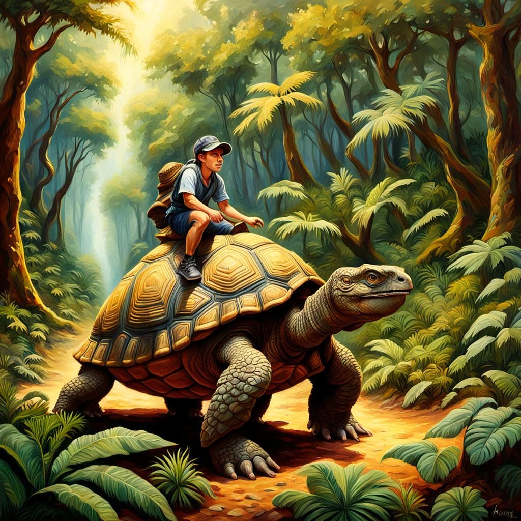 Adventurer on Tortoise in Prehistoric Forest Painting