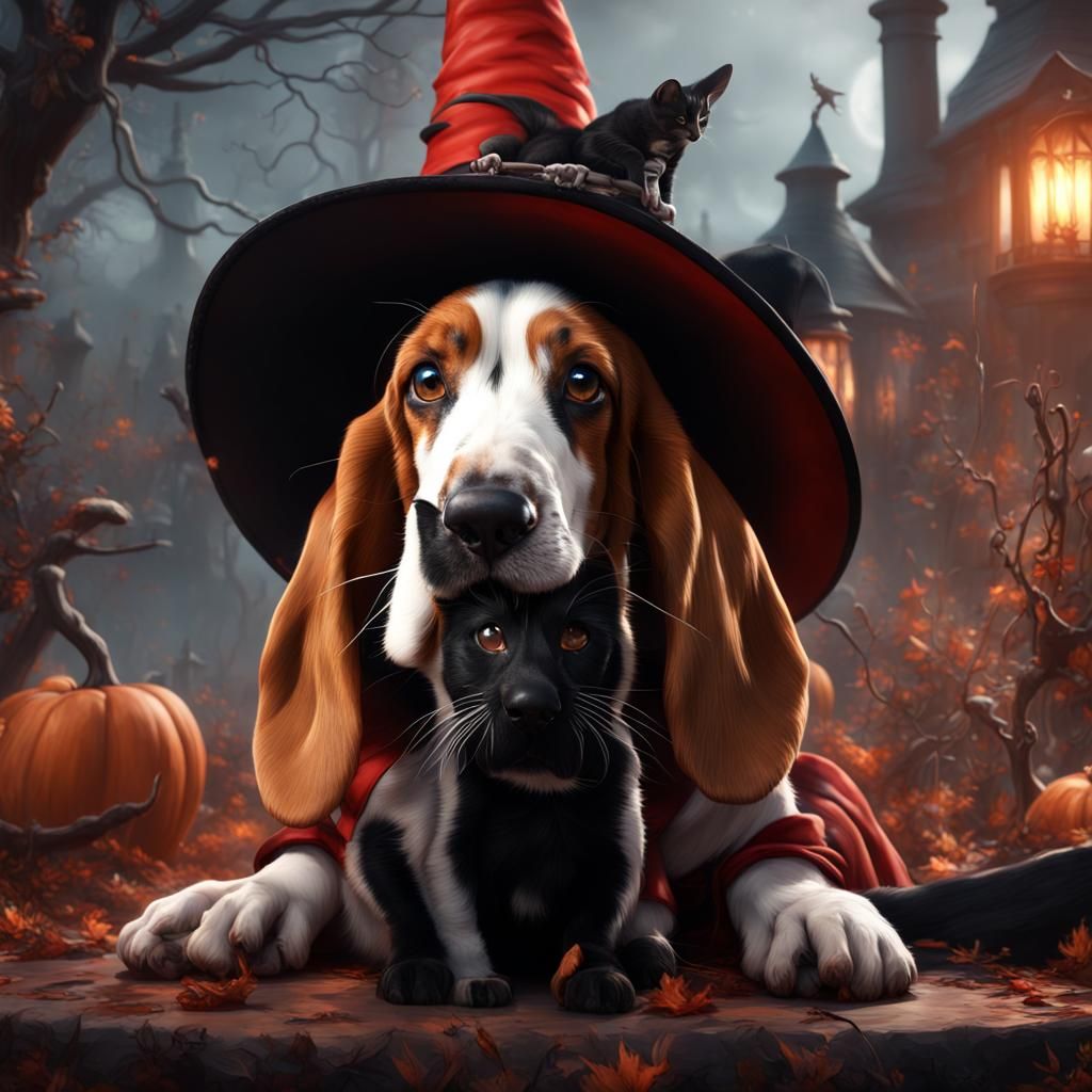Basset Hound and Witch Cat in Fantasy Art