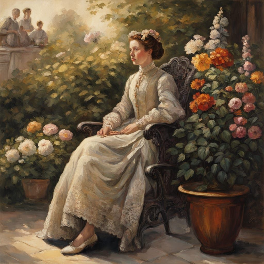 Woman in Elegant 17th Century Attire Beside a Vase of Flower...