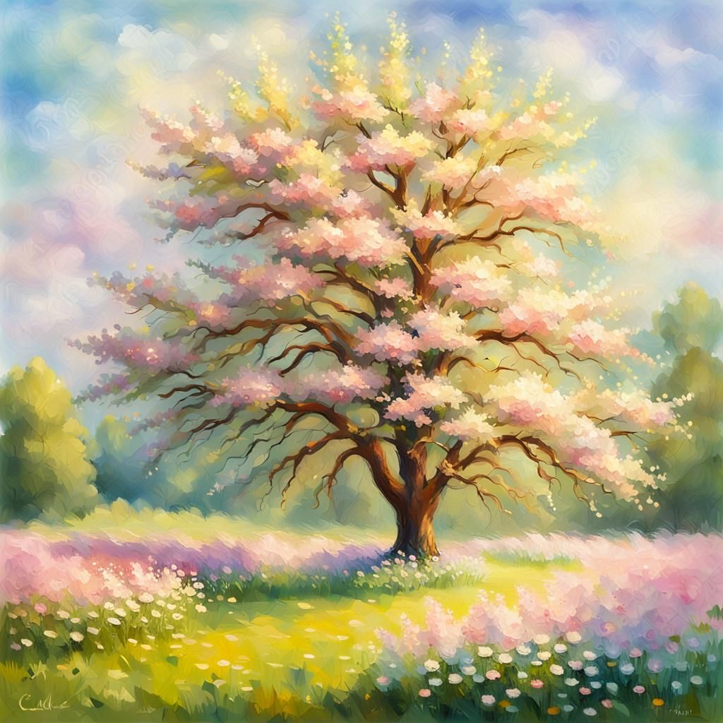 Impressionist Flowered Tree in Spring Meadow