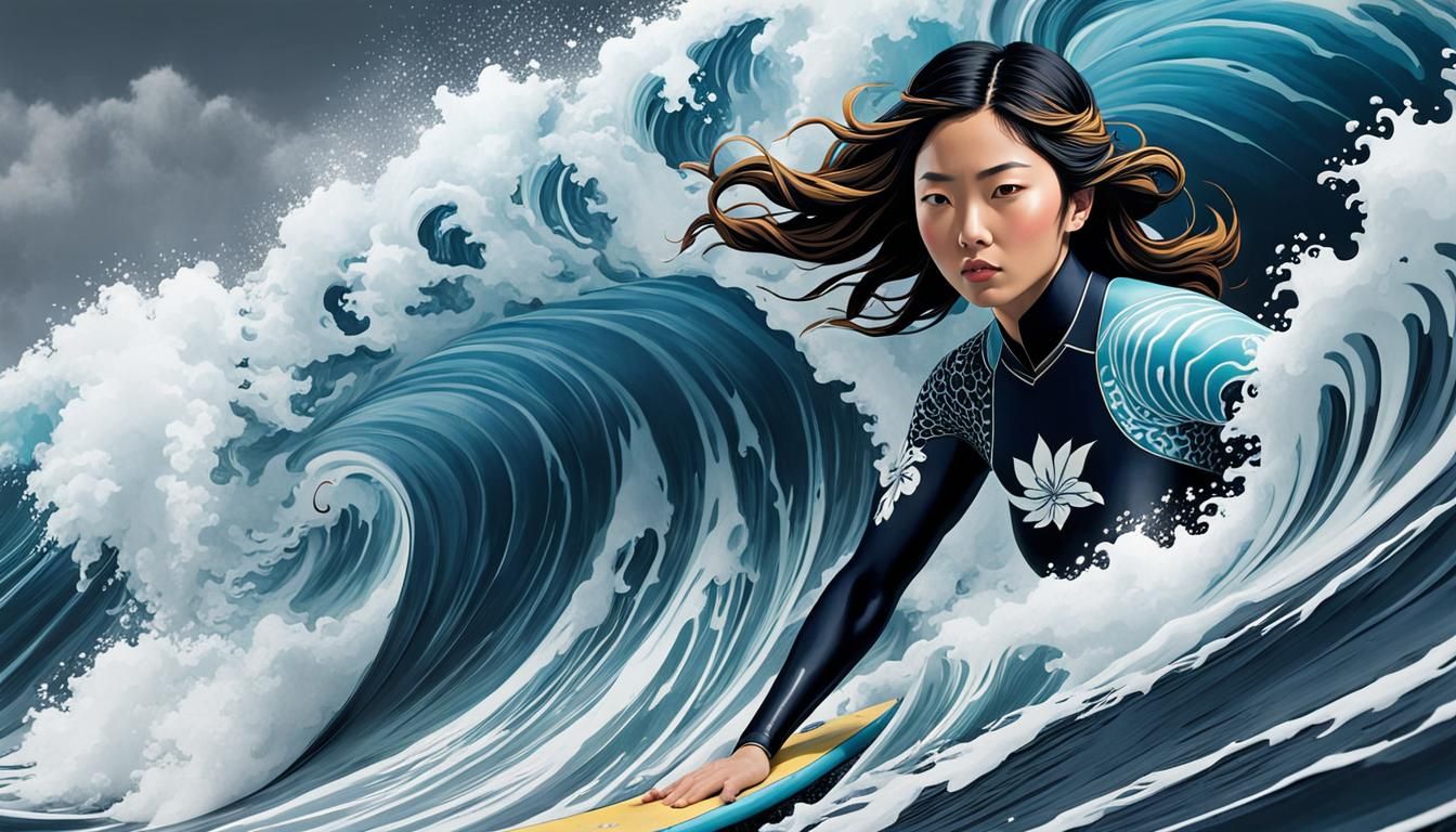 Japanese Girl Surfing in Great Wave Style
