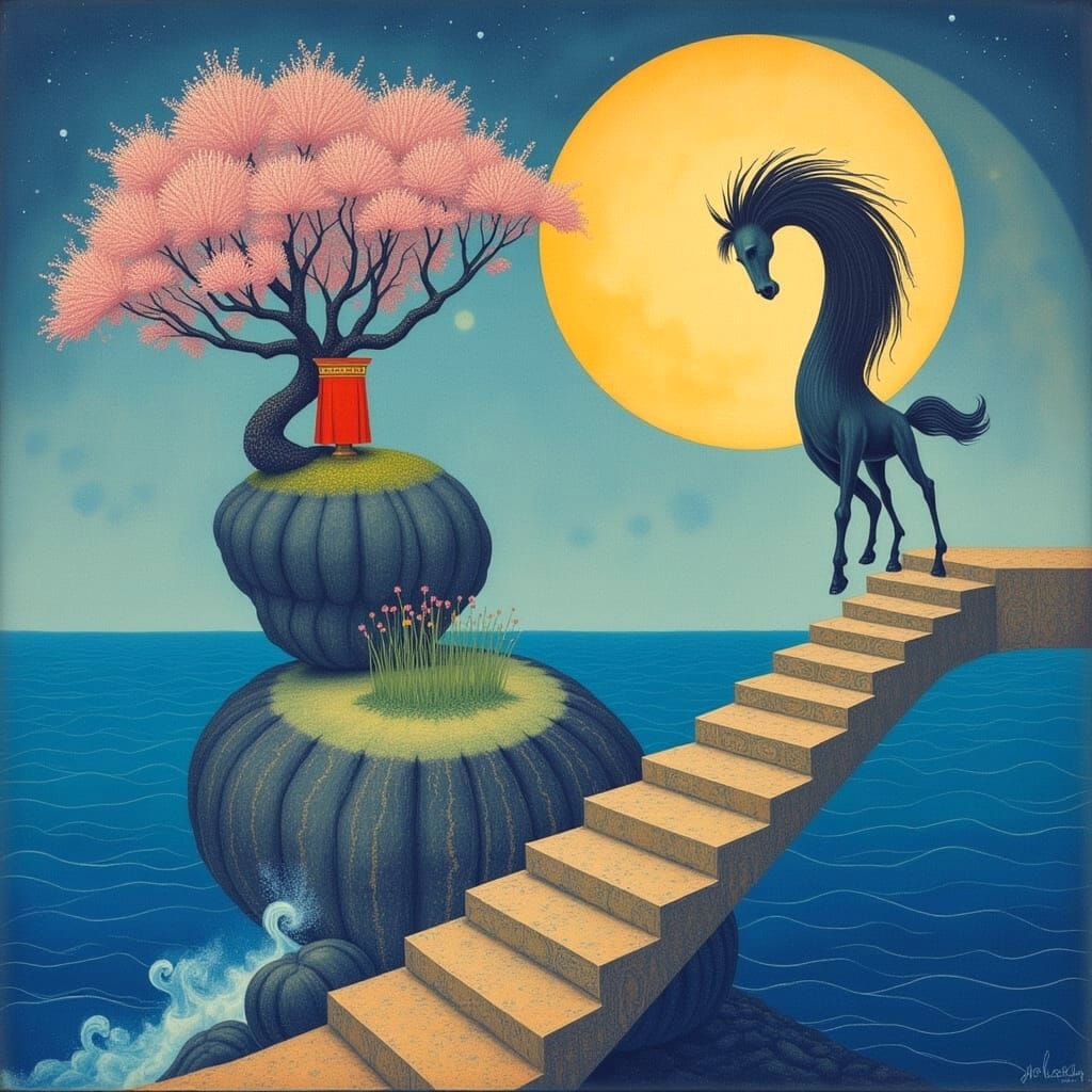 Horse Leaps Psychedelic Stairs to Tibetan Pagoda