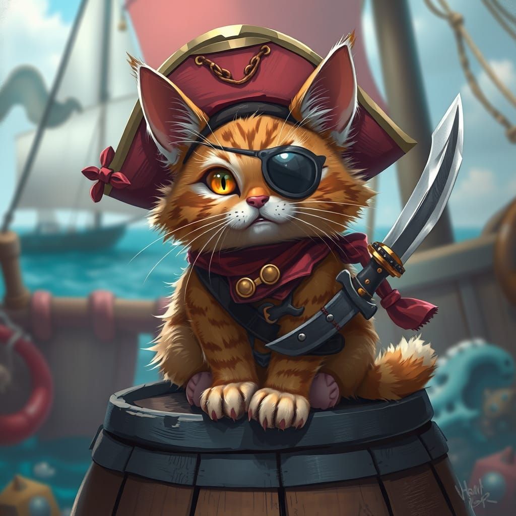 Pirate Cat on Barrel in Whimsical Concept Art