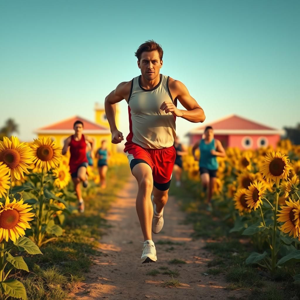 Athlete Running Through Sunflower Field in Hyperrealism