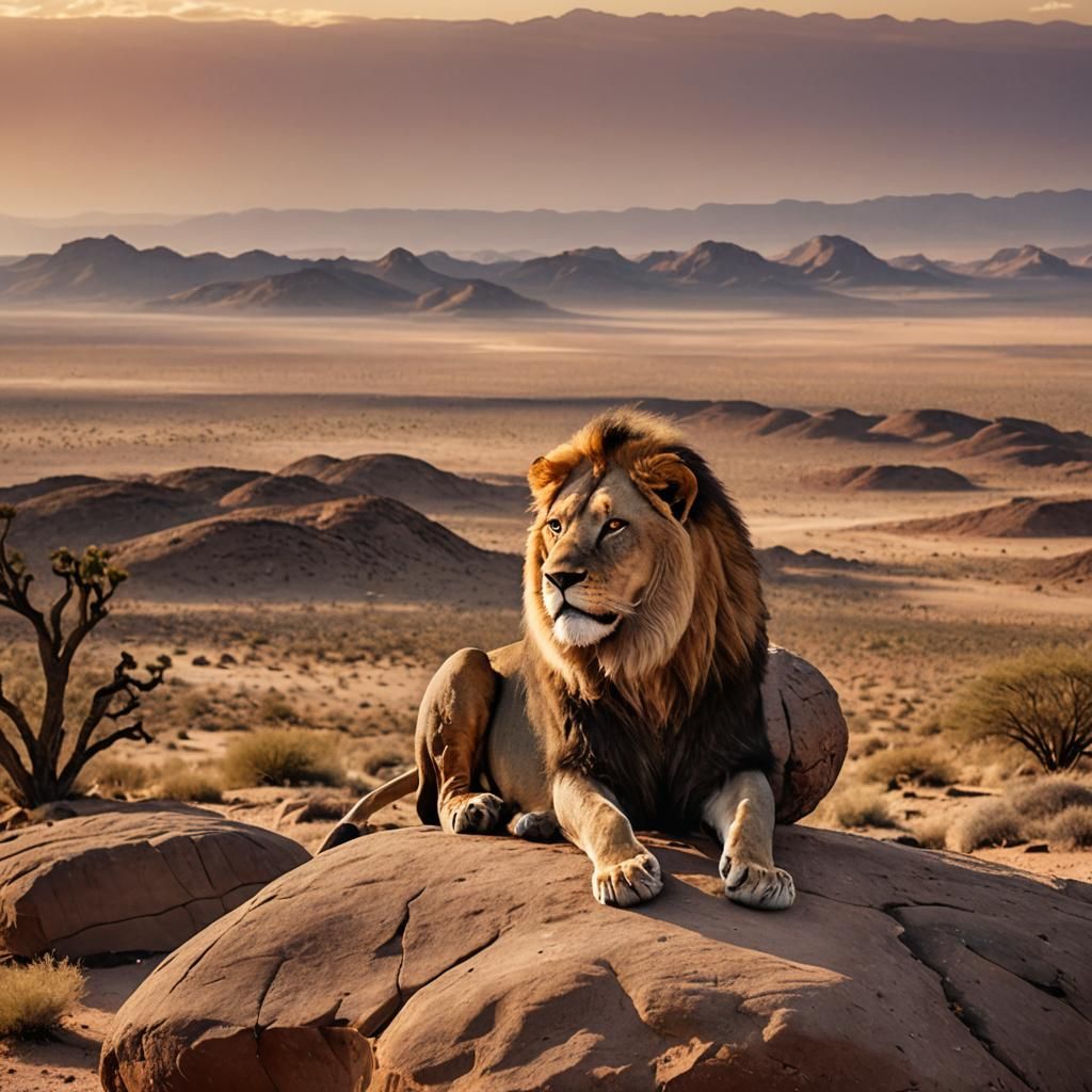 Lion on Rock at Sunset Overlooking Desert Landscape