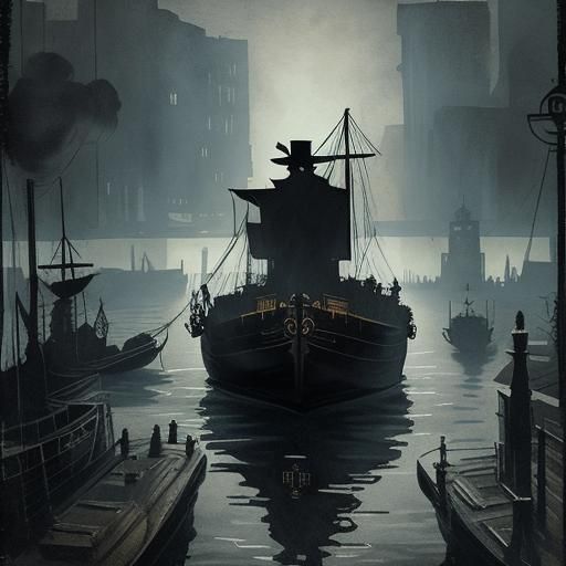 Steampunk Boat on Thames in Ink Painting Style