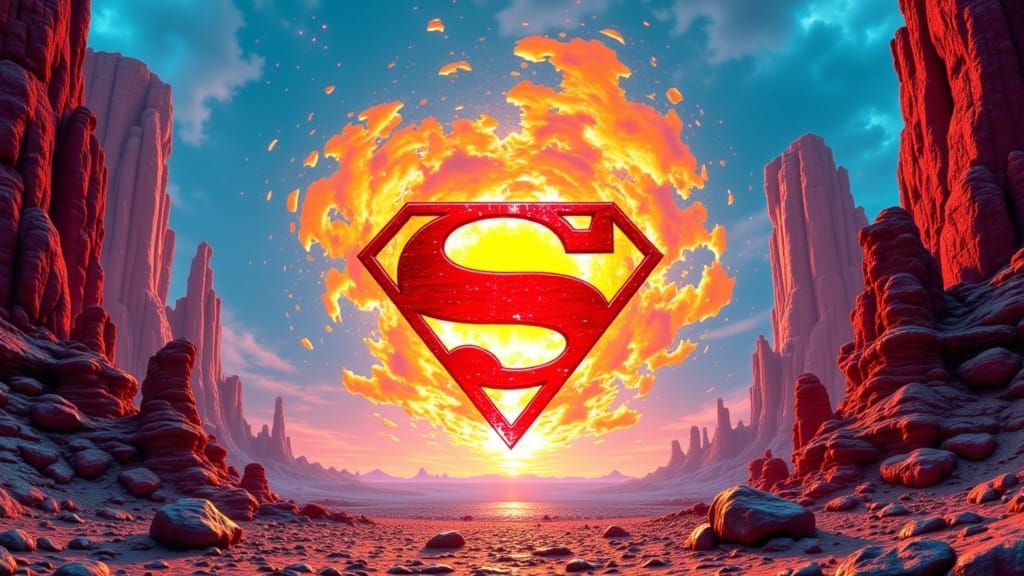 Superman Symbol in Desert Landscape with Digital Decay