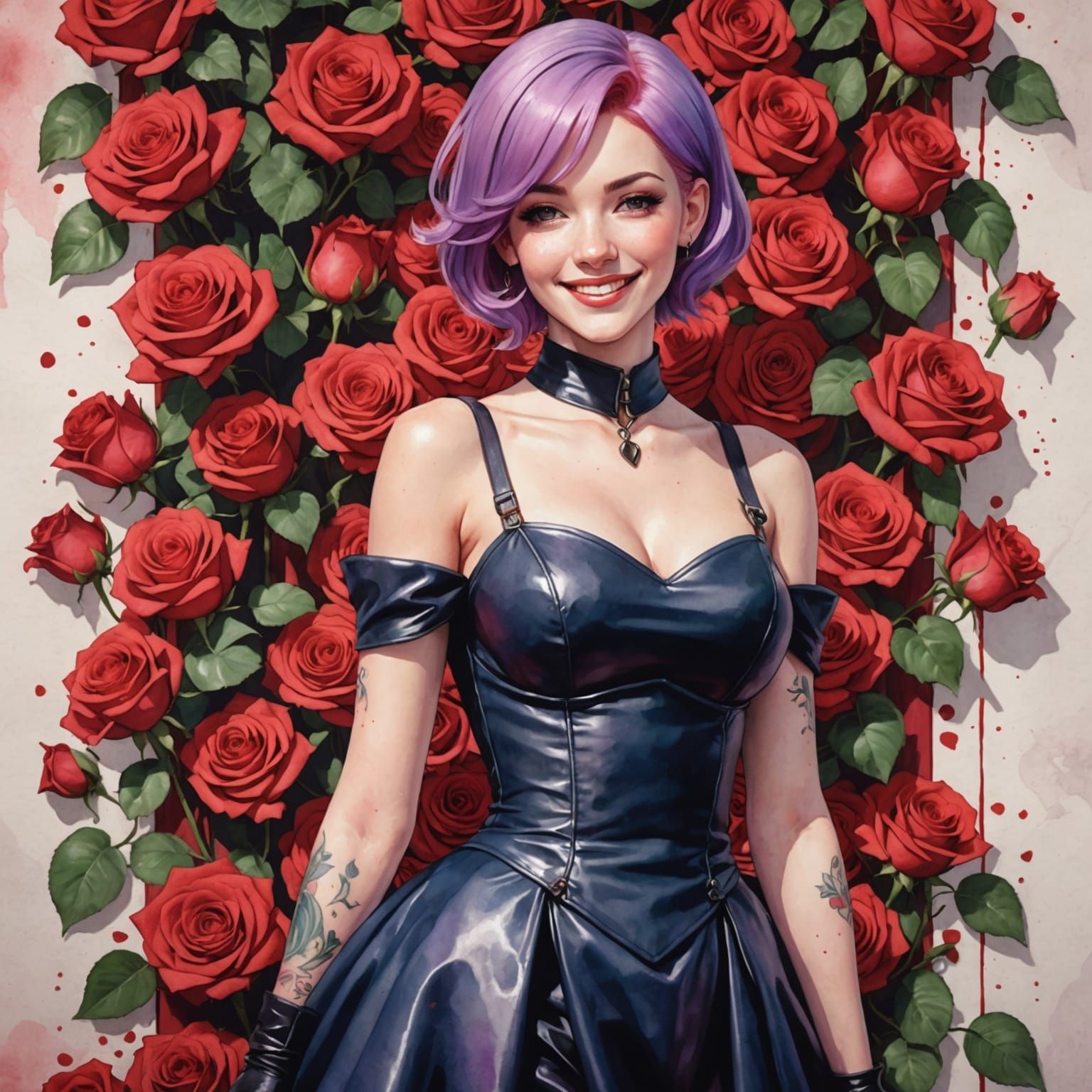 Pink-Haired Woman Beside Roses in Manga Style