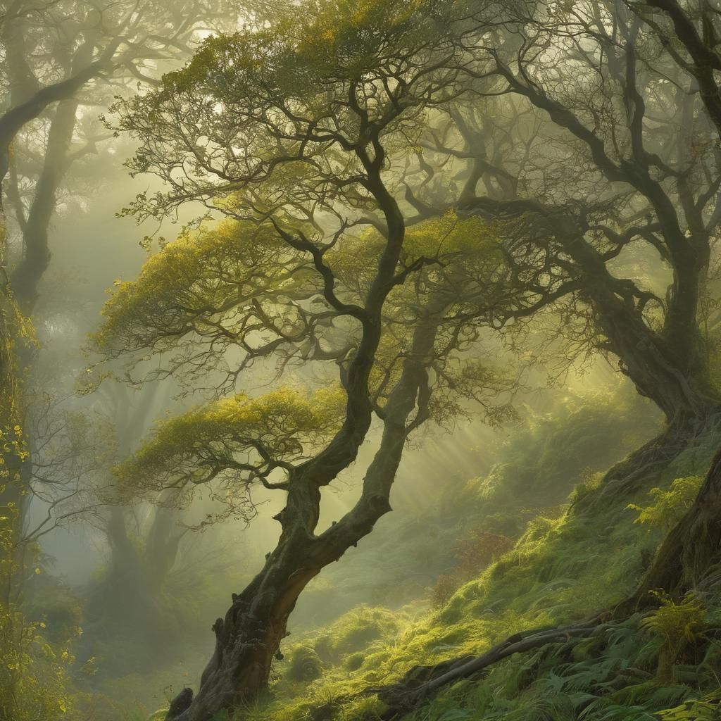 Mystical Forest Scene with Gnarled Trees