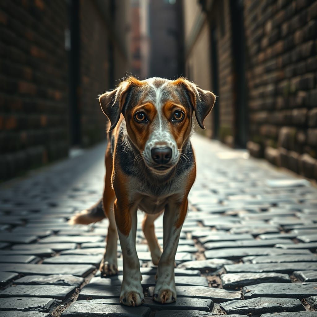 Pleading Stray Dog in Dimly Lit Alleyway