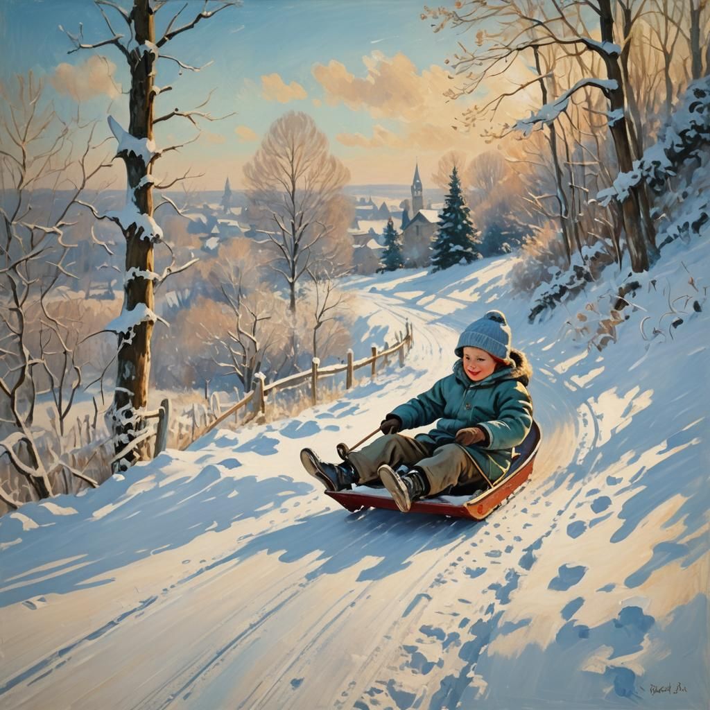 Child Sledding in Snowy Landscape: Impressionist Painting