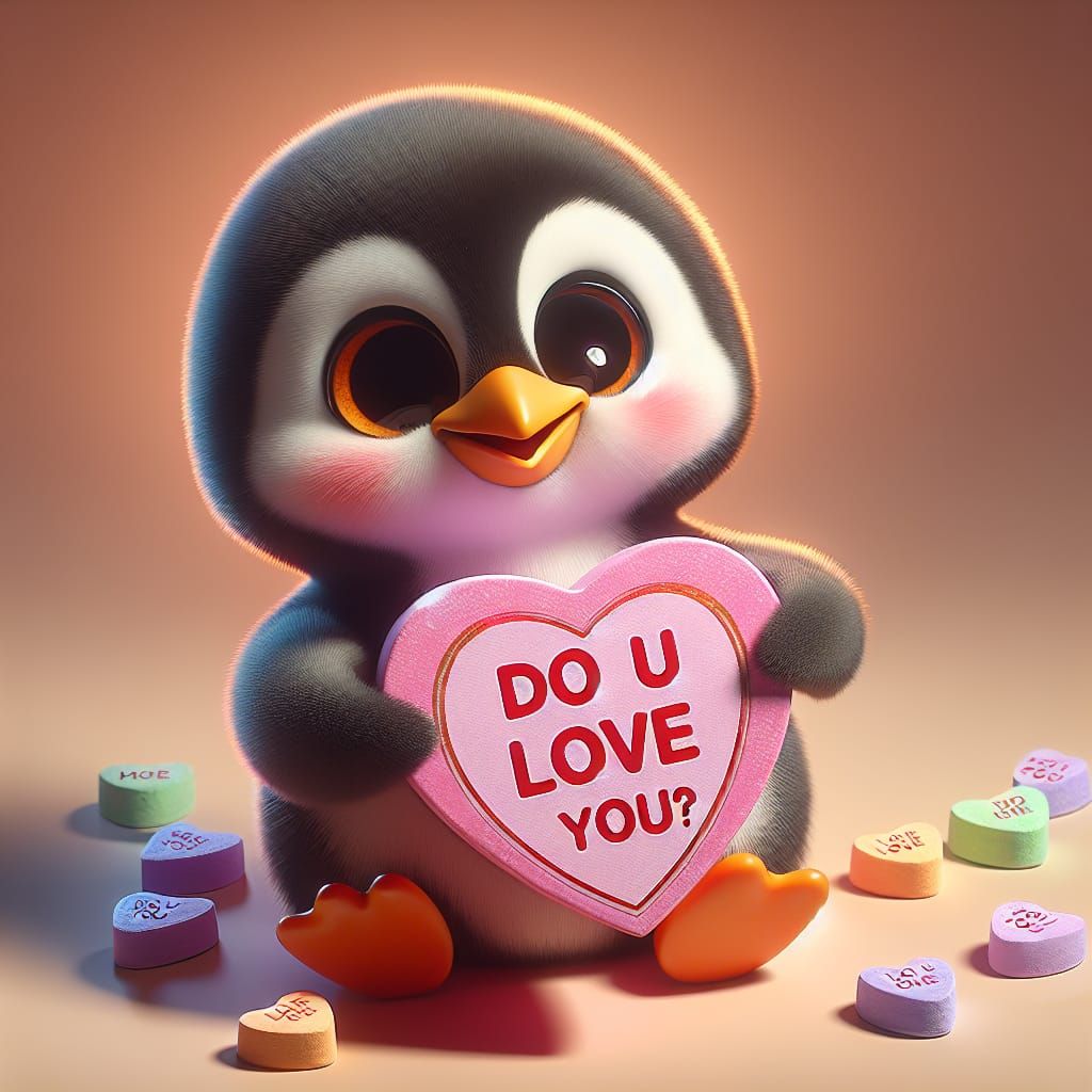 CGI Baby Penguin Offers Conversation Hearts in Cartoon Style