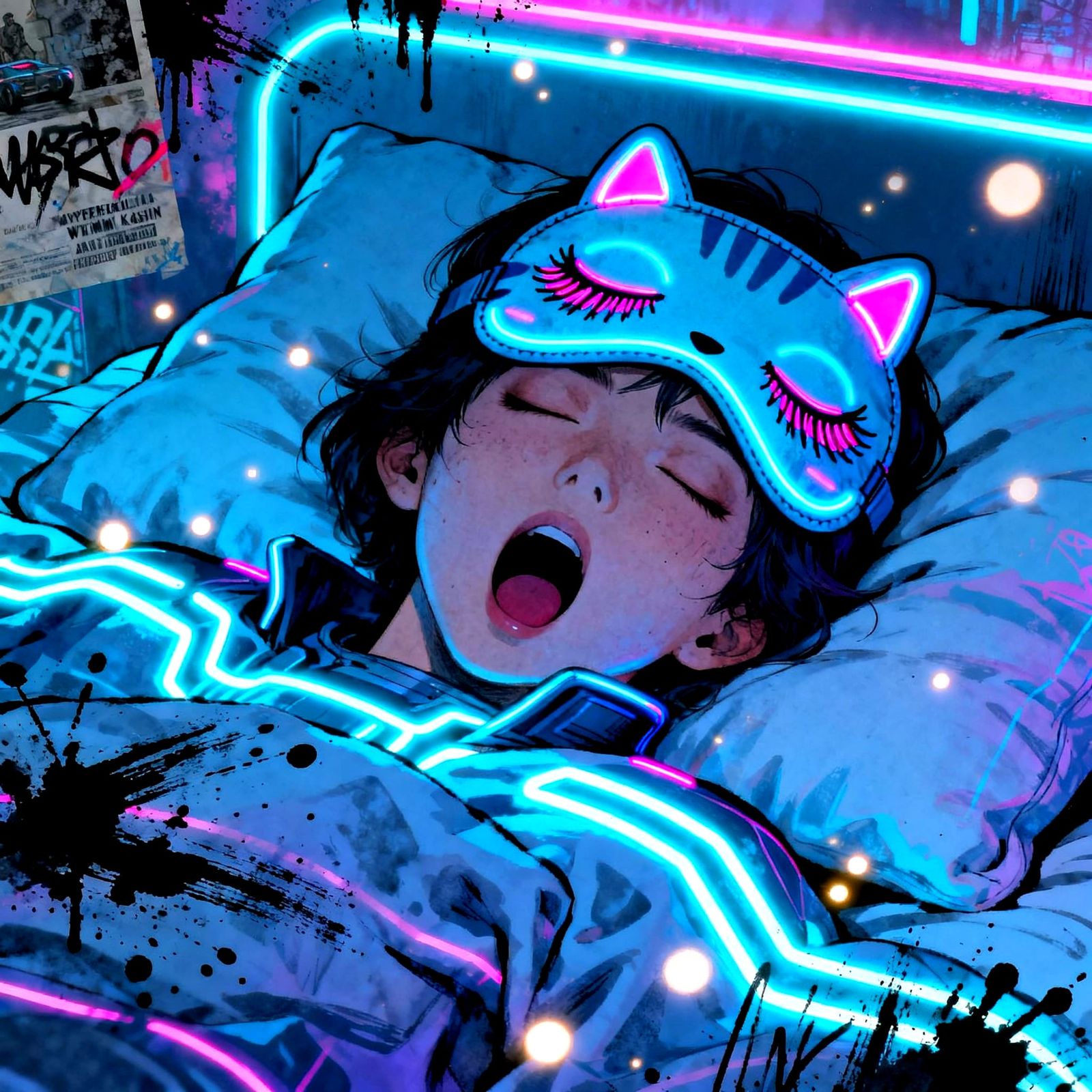 Neon Light Cycle Rider Resting in Tron-Styled Bed
