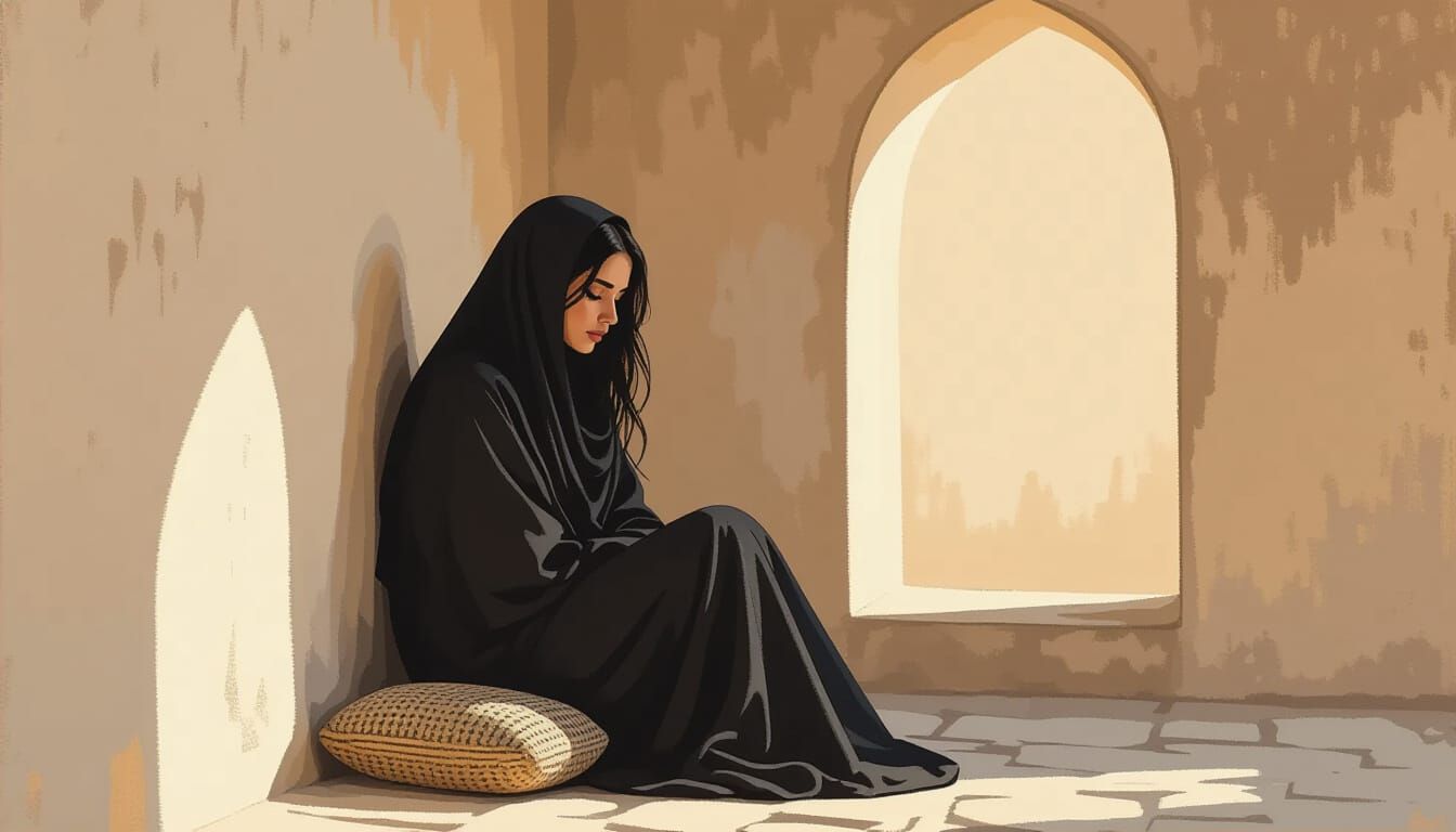 Woman in Abaya Contemplates in Earth-Toned Palace