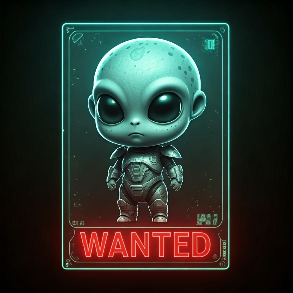 Hologram Poster: Cute Alien 'Wanted' in Neon Style