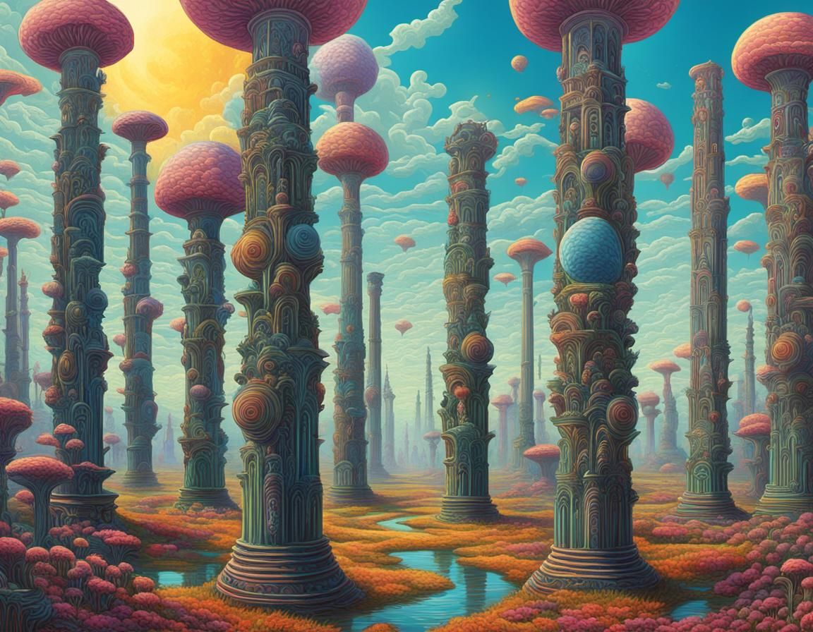 Psychedelic Pillars in Surreal Landscape, Visionary Art
