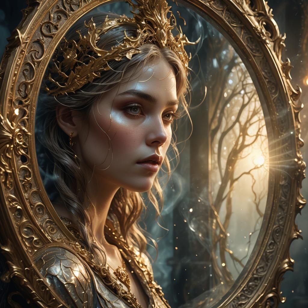 Mystical Woman and Enchanted Mirror Reflection in 3D